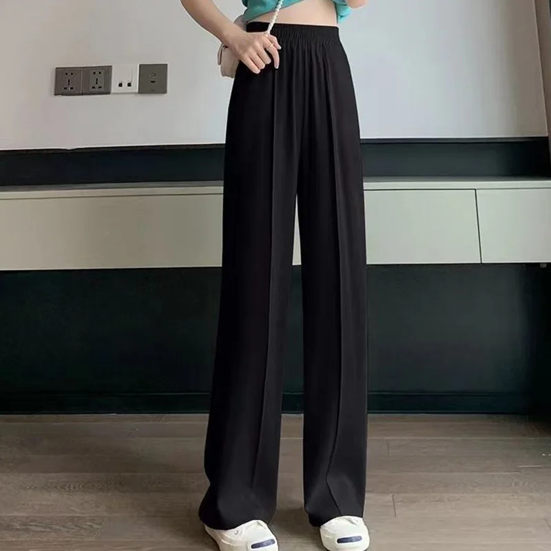 Summer Thin Ice Floss Pleated Pea Green Wide Leg Trousers Women Fashion Korean Elastic High Waist Drape Mop Straight Pants