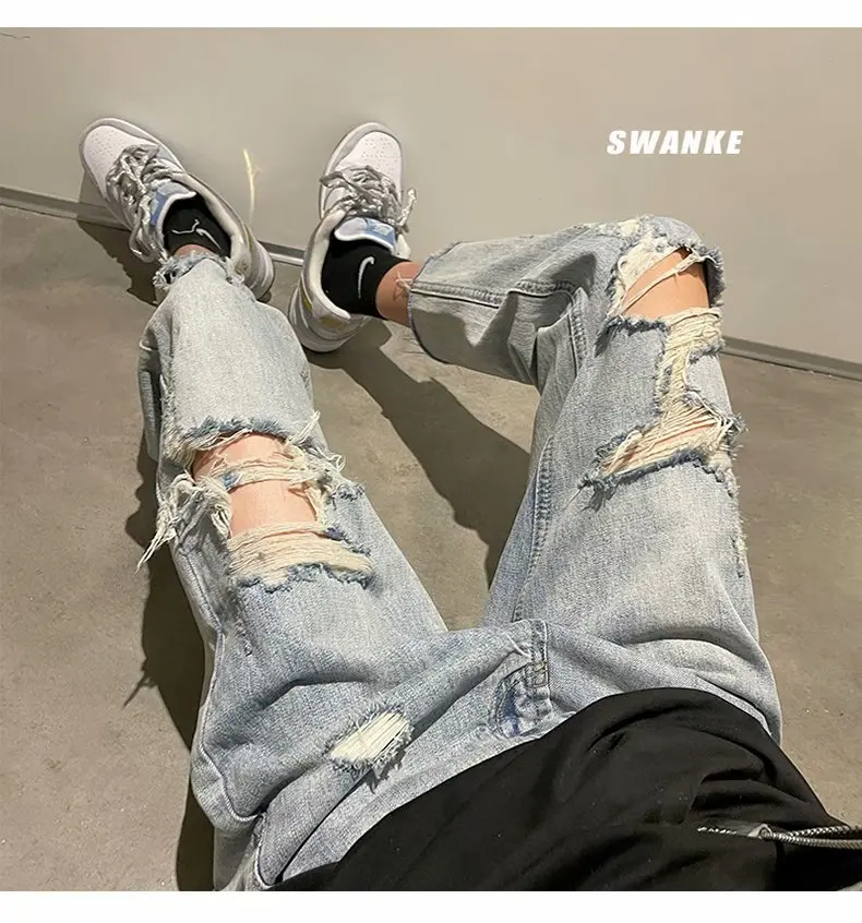 

Trendy Men's Skinny Jeans Large Size Hole Design Summer Thin Straight Leg Loose Fit Casual Jeans Low Waist Zipper Closure