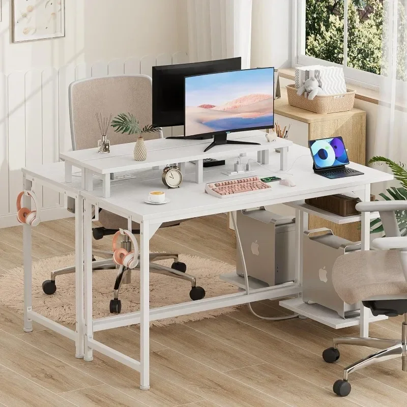 Desk with Outlets LED Lights 47 Inch Office Gaming Desk with Shelves Fabric Drawer Reversible Study