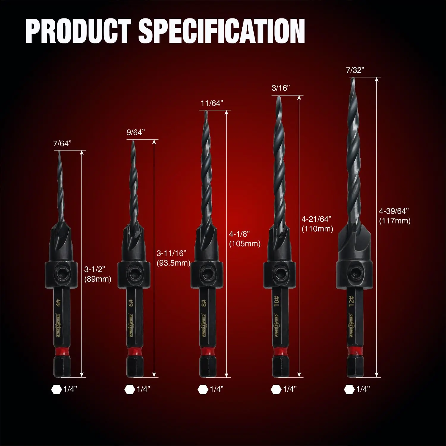 8PCS Countersink Drill Bit Set, Tapered Drill Bits #4-#12 with Depth Stop Ring - view 2