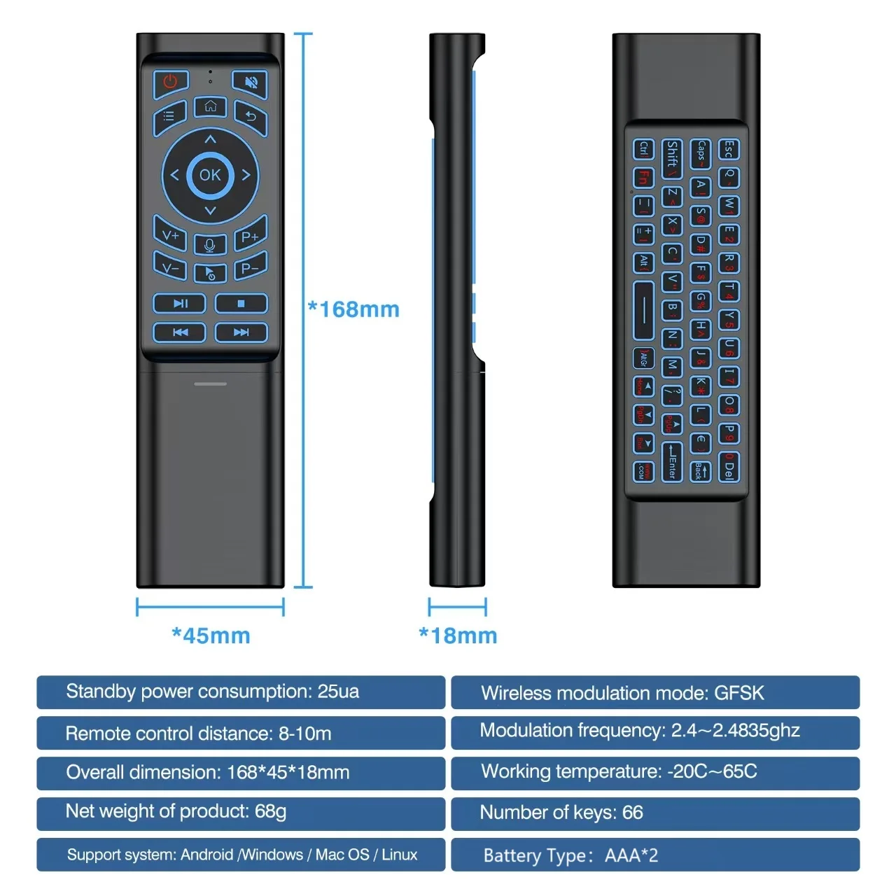 Air Mouse Control remoto giroscopio Mini teclado modo Dual 2,4G BT5.0 7 colores retroiluminado inalámbrico para Android Stick Smart TV Box PC