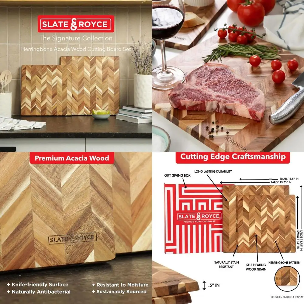 

Set of 2 Acacia Wood Herringbone Cutting Boards - Large & Small Square Charcuterie Boards with Serving Tray & Gift Box