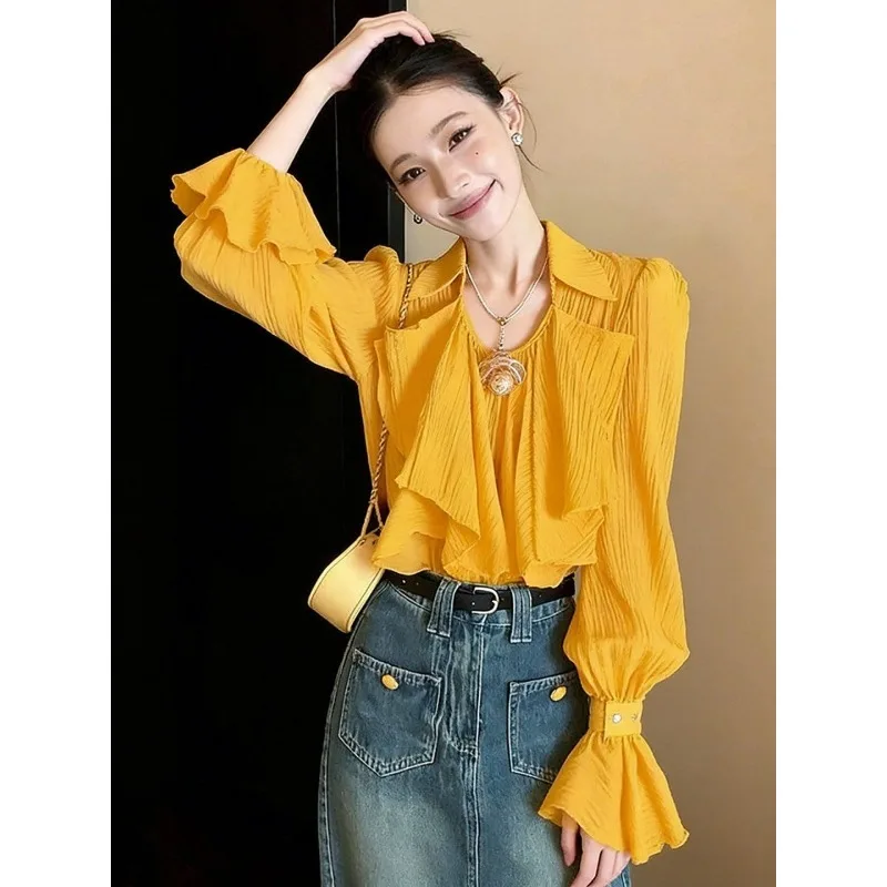Spring  Summer French Niche Design Shirt Ruffled Edges Features New Style Exudes Fashionable Youthful Charm Loose Yellow Shirt