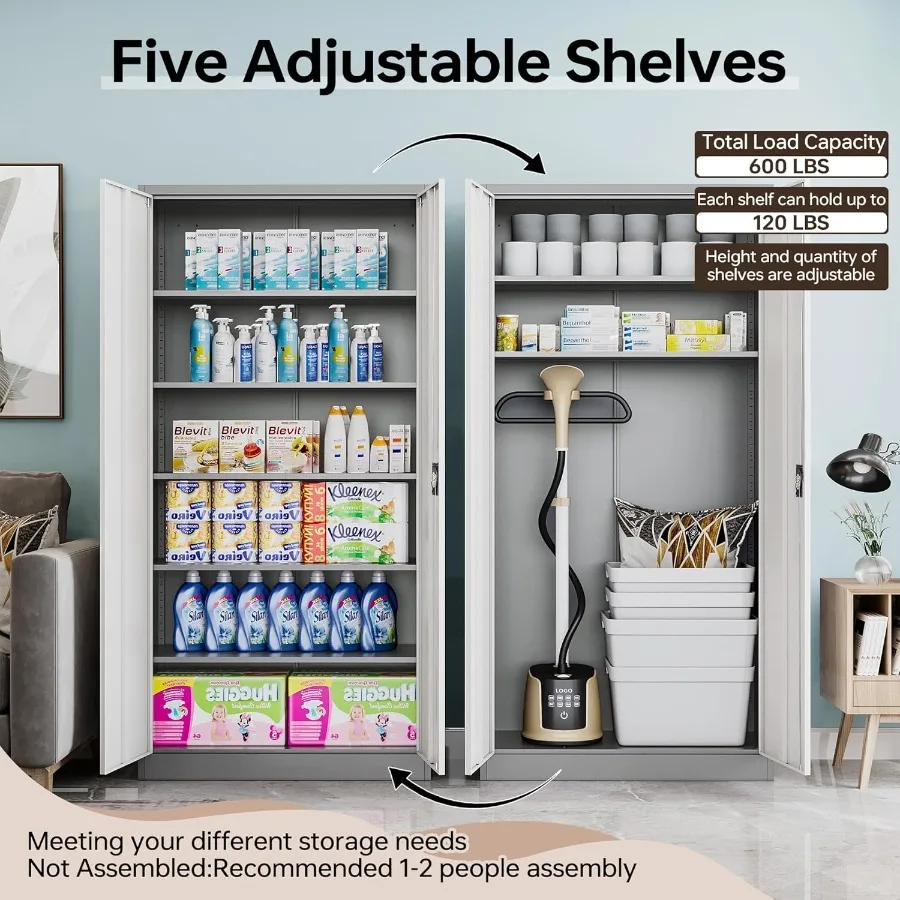 خزائن تخزين جراج معدنية مع قفل 72 خزانة أدوات طويلة مع بابين و5 أرفف قابلة للتعديل قفل خزائن المرآب والموقع #3