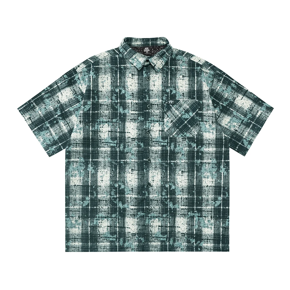 Flower Shaped Embroidery Loose Workwear Checkered Shirt Mens Short Sleeve Patchwork Plaid Top Tees Oversized