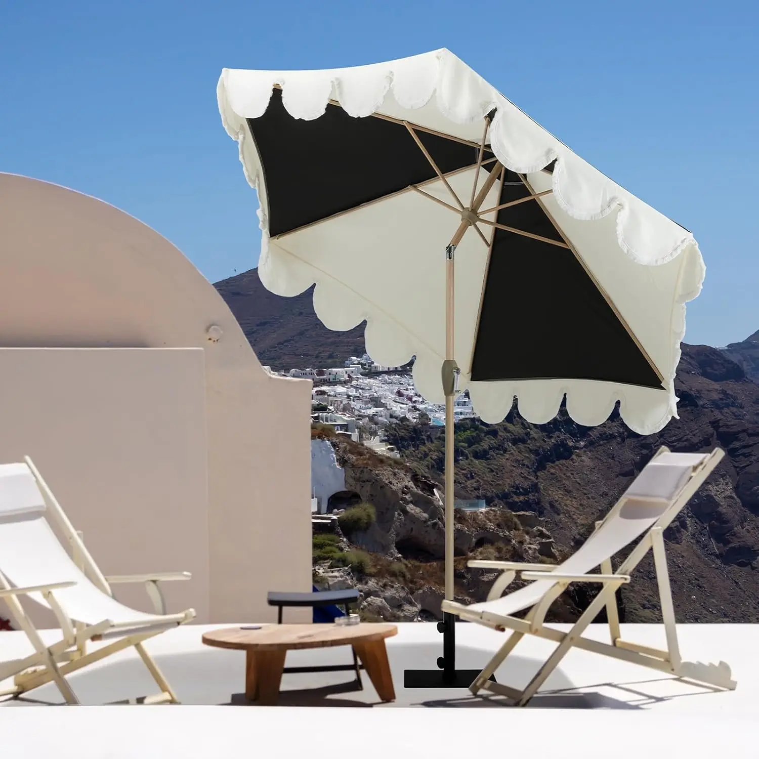 9ft Scalloped Patio Umbrella Fringe Water-Resistant Fade-Resistant Canopy 1.5in Wood Pole Button Tilt Outdoor, Customized