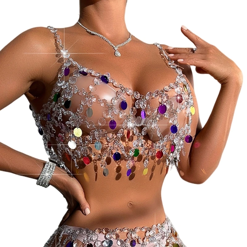 Women Crystal Chest Chain Crop Top Colorful Sequins Body Chain Harness Camisole P8DB