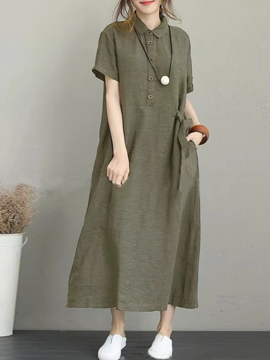 Casual Loose Cotton Linen Short Sleeve Dress Women Summer Artistic Large Size Age Reduction Slimming Midi Long Shirt Dress