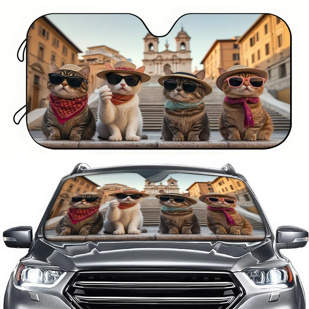 A Car Sunshade Featuring A Group Photo Of Cats, Designed To Block Sunlight With High-Definition Printing. Suitable For Suvs, Rvs