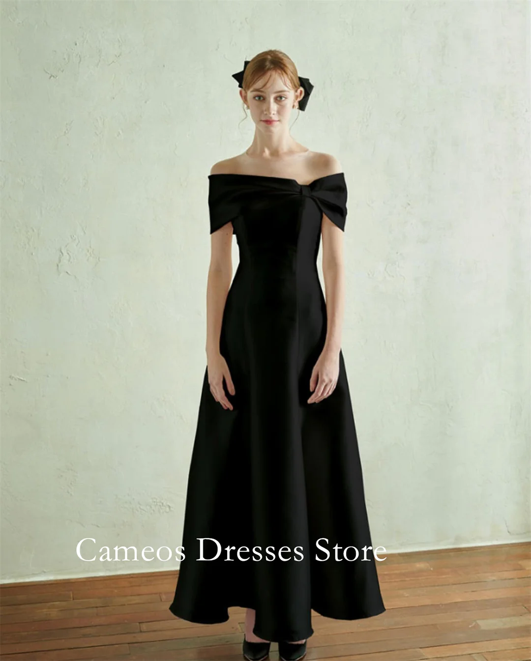 

SONDR Korea Off the Shoulder Black Evening Dress Customized Formal Prom Dress Satin Simple 웨딩드레스 Occasion Party Evening