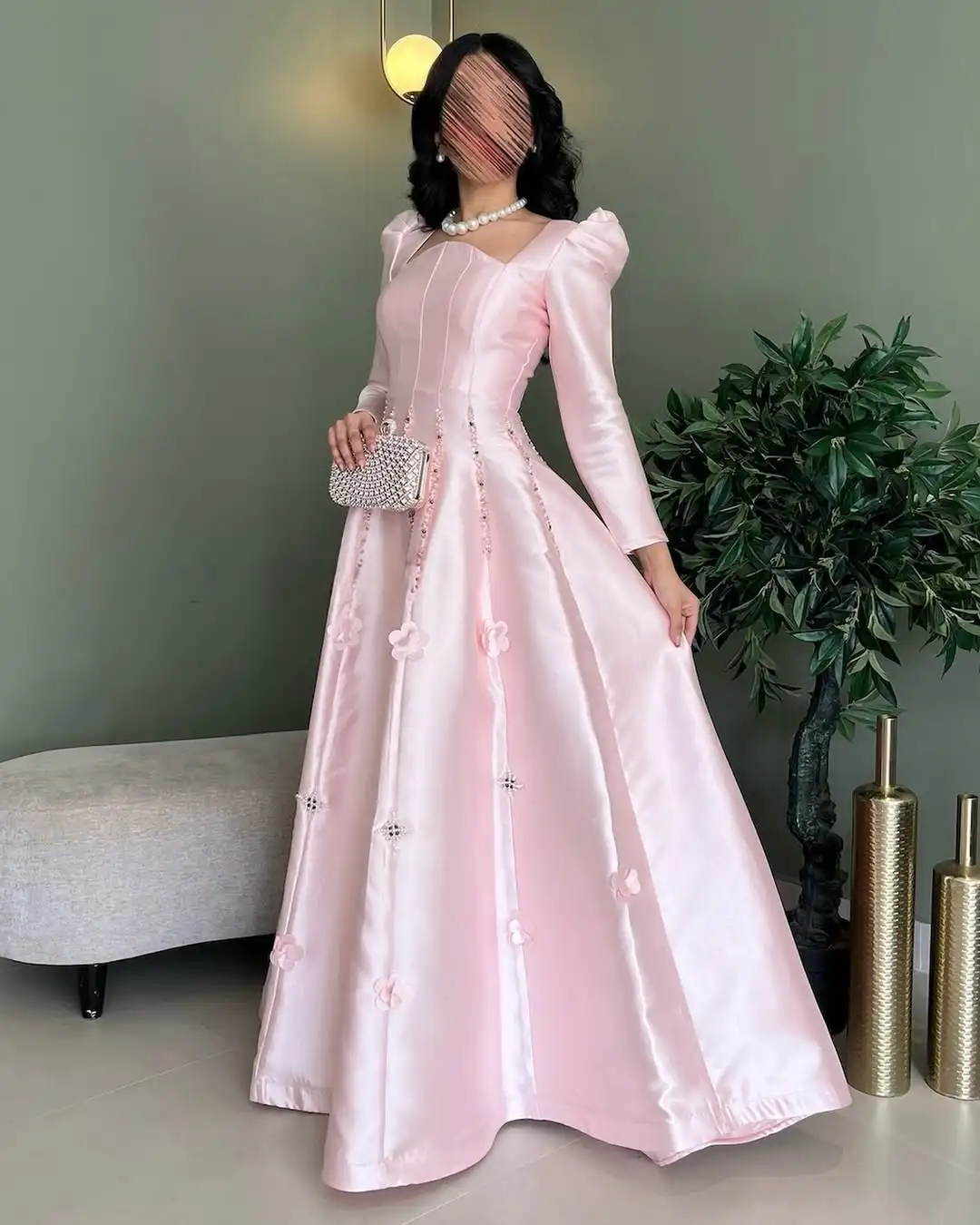 

Customized Pink Long Sleeves Evening Dresses Square Neck Pleated Beadings Floor Length Prom Dresses Party Dresses