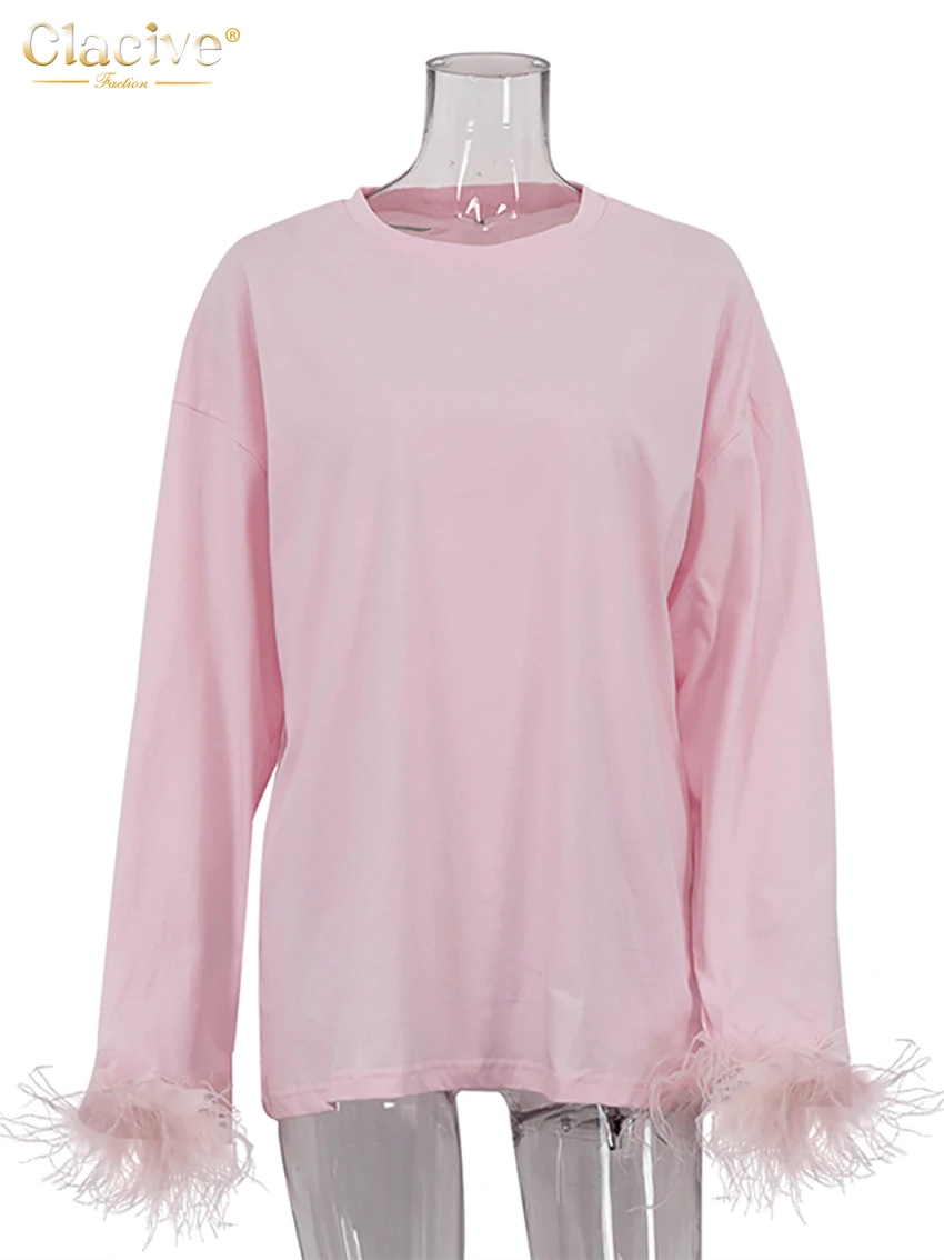 Clacive Casual Loose Pink Cotton Women's Top Fashion O-Neck Feather Long Sleeve T Shirt Elegant Classic Tee Top Odzież Damska — zdjęcie 6