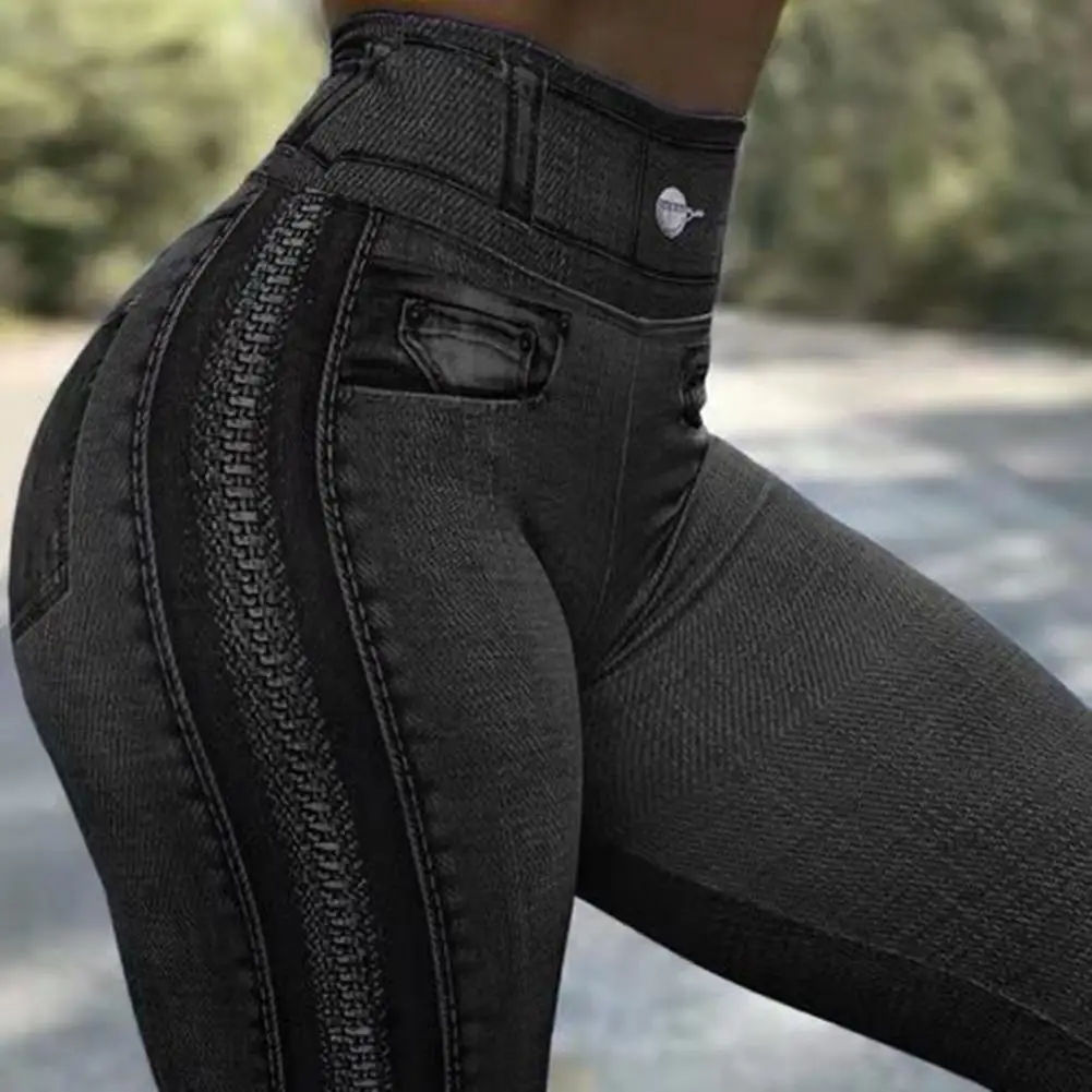 Bolsos decorativos magro imitação jeans leggings hip levantamento zíper imprimir calças elásticas de cintura alta para esportes