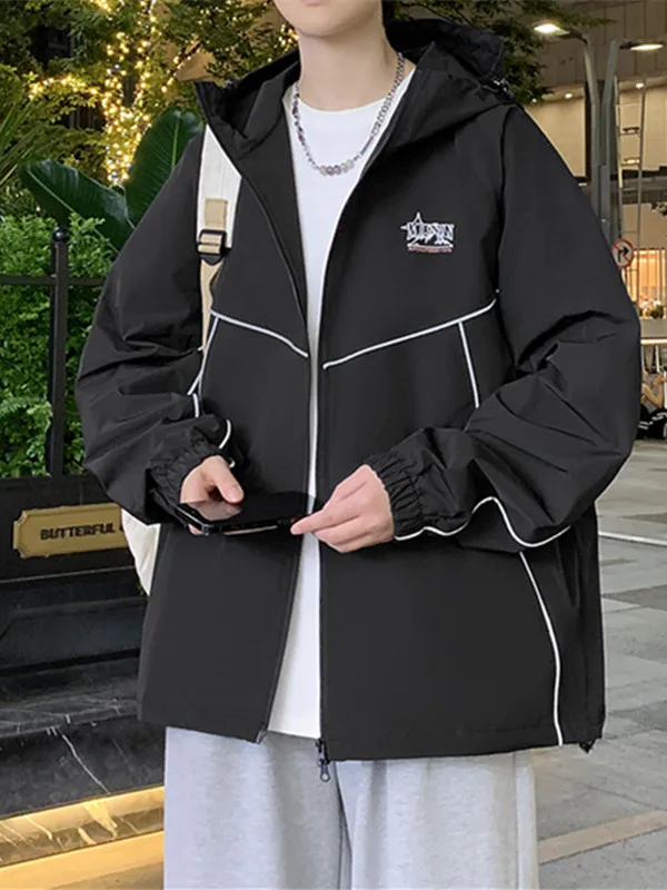 

Outdoor Casual Hooded Jaet Men Loose Color Blo Line Design Student Trendy Coat Polyester Fiber Long Sve Zipper Closure