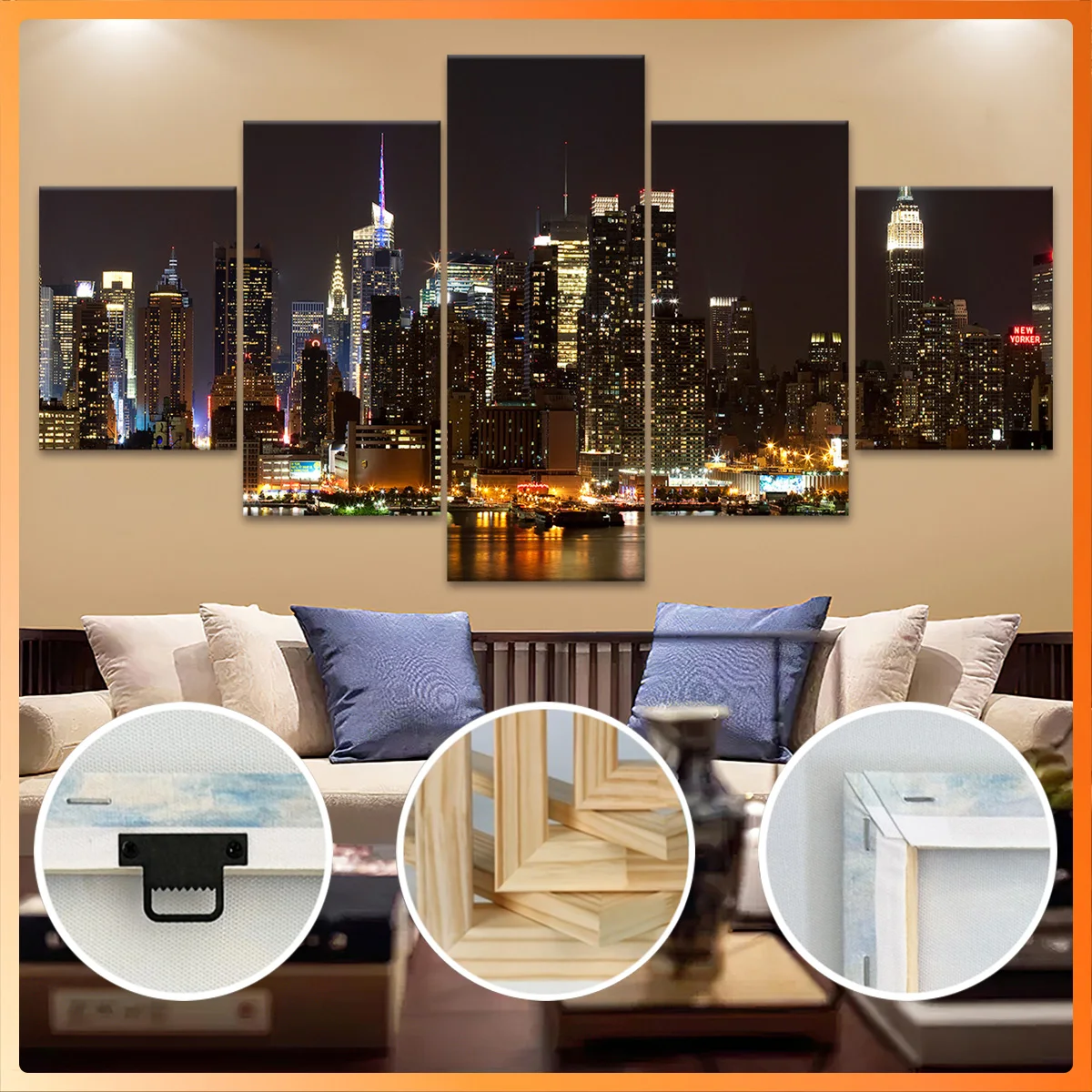 

5pcs Wooden Framed Canvas, Iconic New York Skyline Night, Fashion Poster, Art for Home Decoration, Pattern Wall Art