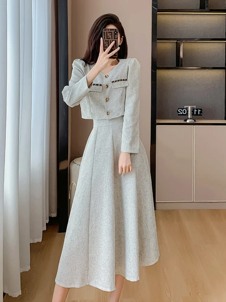 New Autumn Fashion Small Fragrance Single Breasted Short Coat + High Waist Mid Length Skirt Ladies Suit Korean Two Piece Set