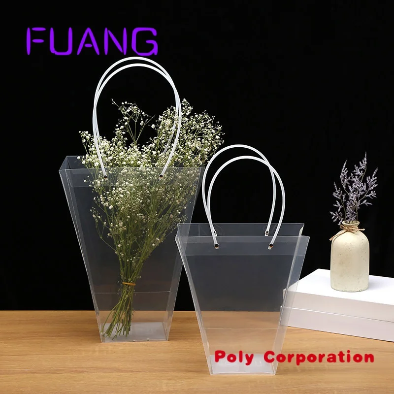Personalizado Transparente Trapezoid PP Bag Plastic Clear Flower Packing Bag Com Alça