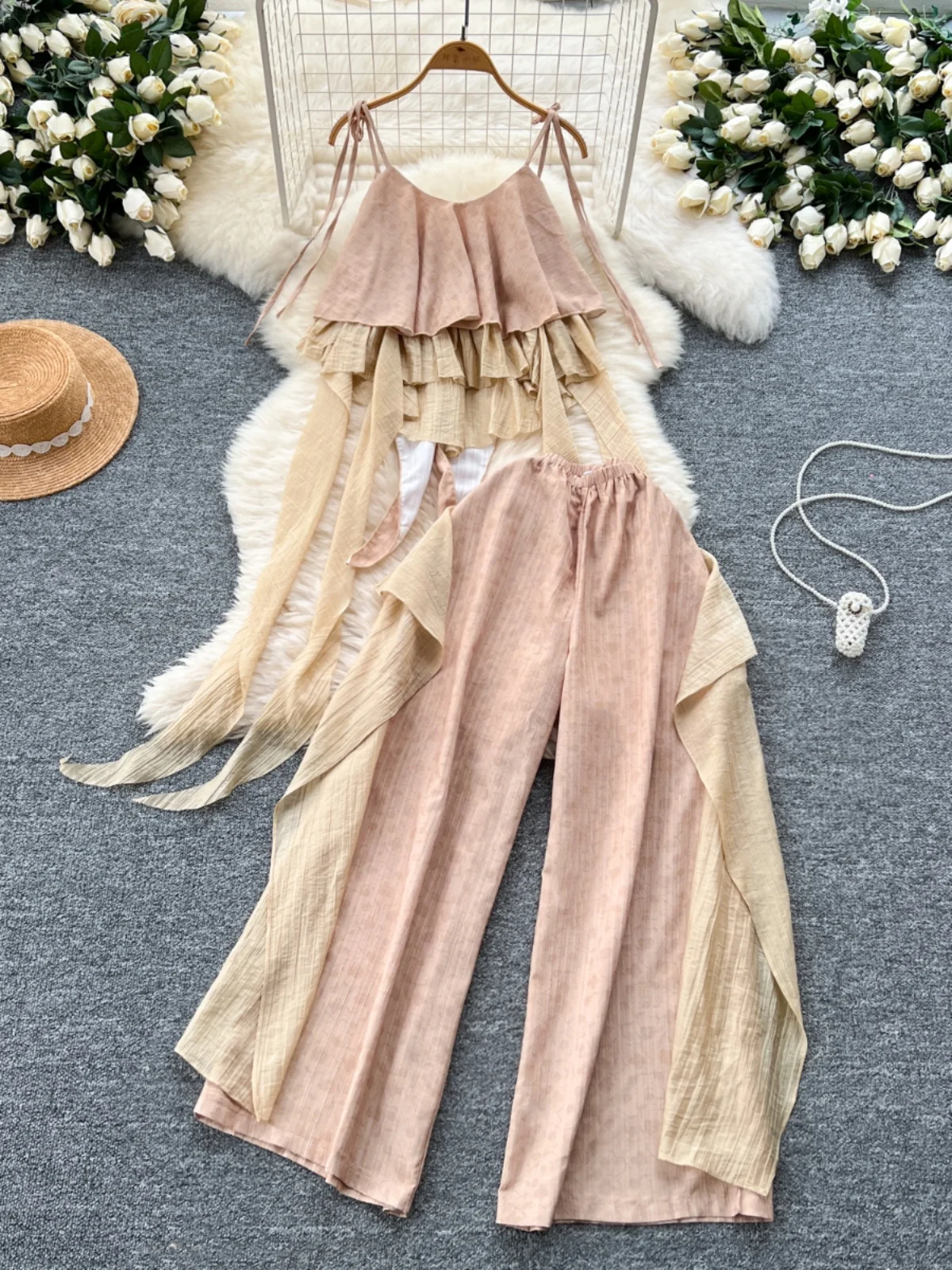 

n Sle Women's Set Summer Draped Uneven Design ter Top High Waist Wide Leg Pants Faionable Ethnic Ensemble