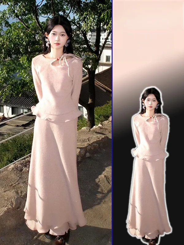 

Slimming High Waist Long Sve Women's Top And Skirt Set Spring Autumn New Sle Floral Design plus Size Faion Set