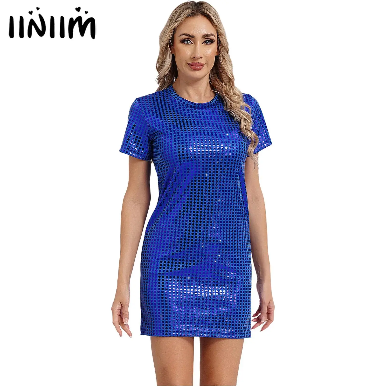 

Womens Shiny Sequins T-shirt Dress Round Neck Short Sleeve Straight Dress Music Festival Stage Jazz Dance Performance Costume