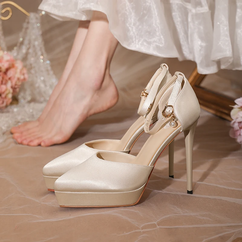 

One-button Ankle Strap Wedding Shoes Women 2022 New Champagne 12cm Stiletto High Heel Pumps Waterproof Platform Bride Sandals
