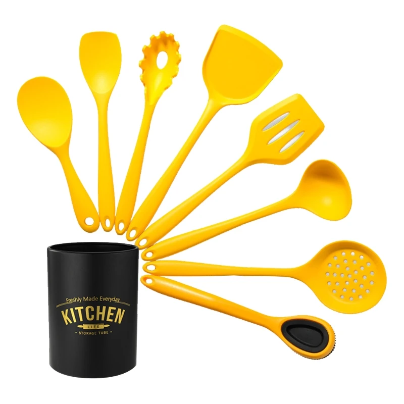 

8Pcs Silicone Kitchen Cooking Utensils Set with Holder Bucket Non-Stick Cookware Spatula Slotted Spoon Brush Baking Tool