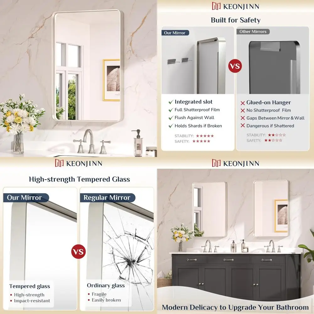 

Rounded Rectangle Brushed Nickel Bathroom Mirrors 20x30 Inch, Over Sink Vanity Mirror, Farmhouse Style, Silver Toned