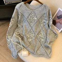 Sueter Mujer Sequined Loose Pullovers 2024 Women Clothing O-neck Casual Fashion Jumper Pull Femme Hollow Out Knitted Sweater Top