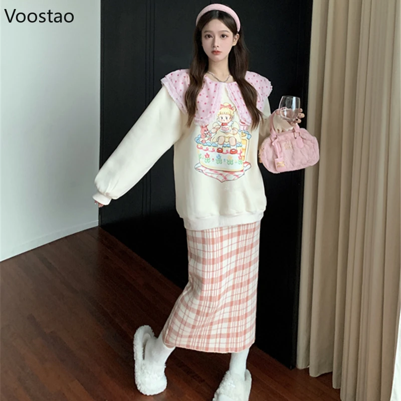 Cute Lolita Hoodies Women Sweet Peter Pan Collar Cartoon Print Sweatshirt Streetwear Y2k Pullover Tops Harajuku Moletom Feminino