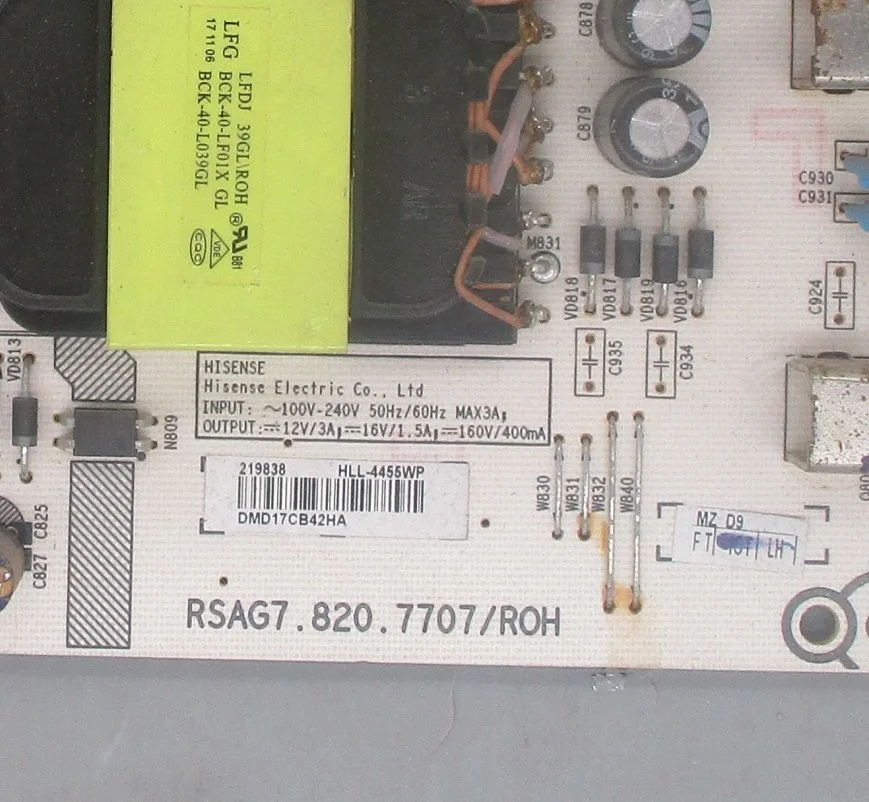 Desmonte la placa de alimentación Hisense Led60e5u, Rsag7 820,7707, 2 pines, 14 pines, condensador Dual