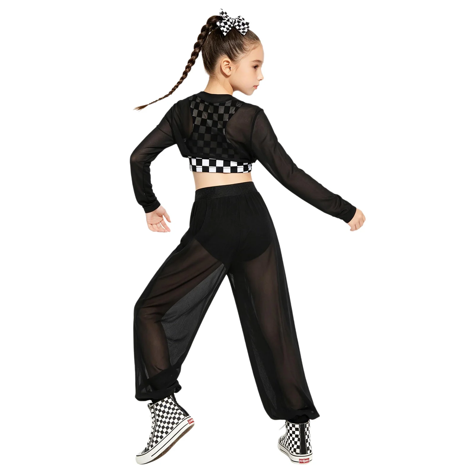 Kids Girls Hip Hop Jazz Dance Outfit Race Car Driver Costume Rhinestone Checkerboard Vest+Mesh Crop Top+Pants Sports Streetwear
