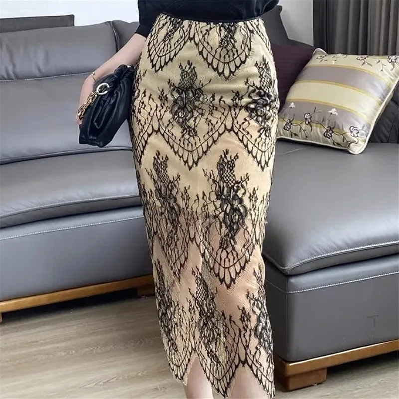 

Faldas Mujer Moda 2023 Elastic Waist Black Water Soluble Lace Skirt Package Hip Medium Length New Spring Summer Skirts Womens