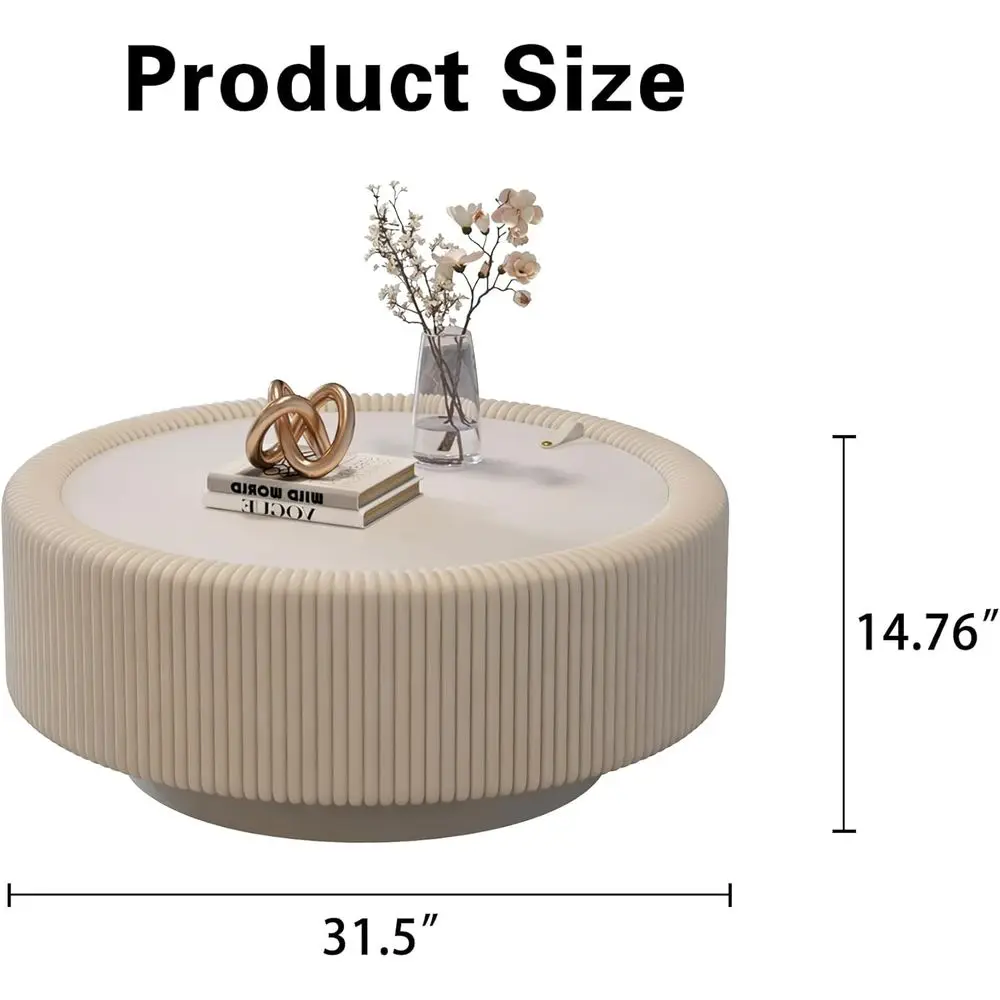 Round White Coffee Table with Hidden Storage, Drum Style, Tempered Glass Top, PU Leather, Baked Enamel Base