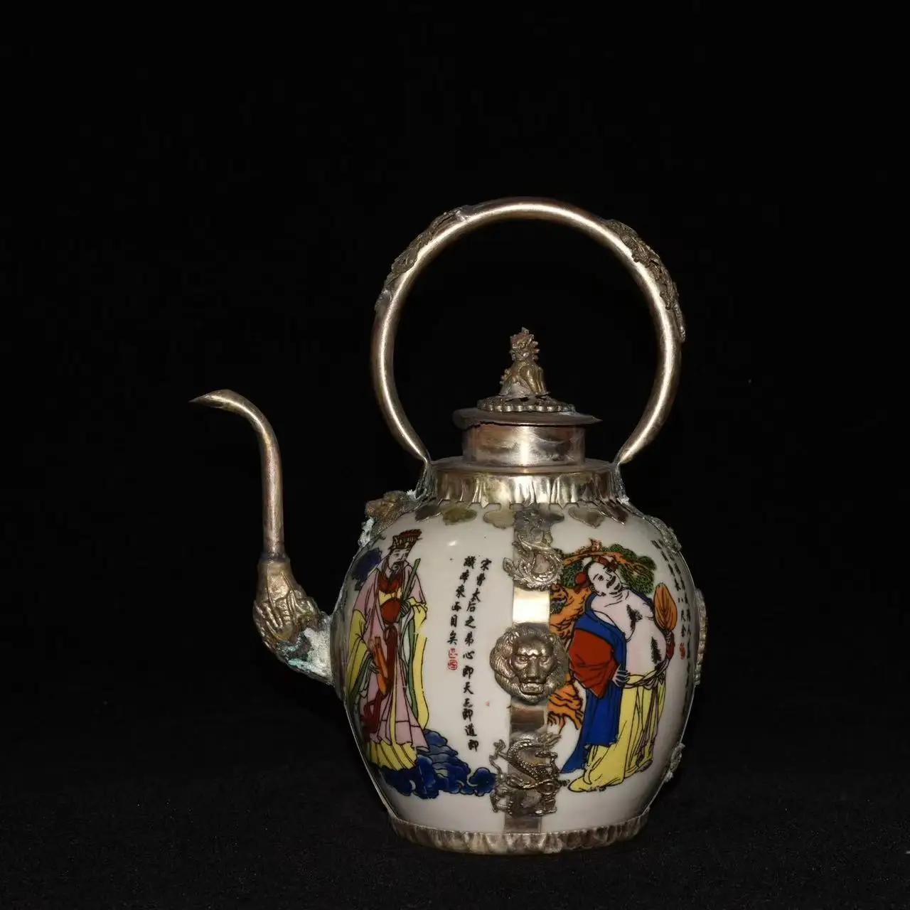 

Very rare Qing Dynasty silver&porcelain white glaze teapot,8 Fairy,#01,Free shipping