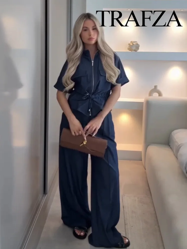 

TRAFZA Autumn Women Waist Zipper Bow Lace-up Short Sleeve Pockets Solid Shirt+Elegant High-Waisted Pleated Leisure Pants Suit