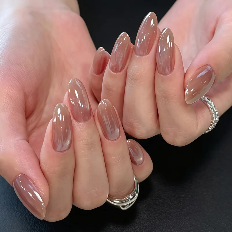 24Pcs Nude Blusher Round Head Fake Nail Tip Simple Mid-length Wearable Press on False Nails Full Cover Shiny Acrylic Fingernails