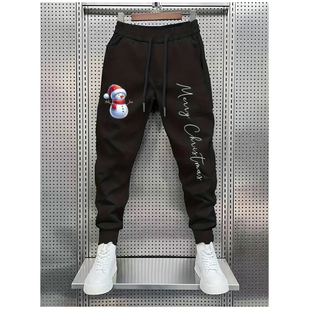 Celana olahraga Natal musim gugur baru 3D pria dengan cetakan huruf manusia salju yang nyaman dan lembut, celana dengan tali serut untuk pria, celana kasual.