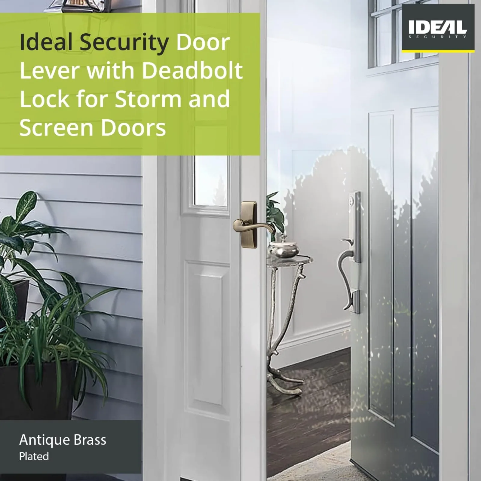 US Ideal Security Door Lever, Deadbolt Lock for Storm and Screen Doors, Antique Brass, 4-Piece Set