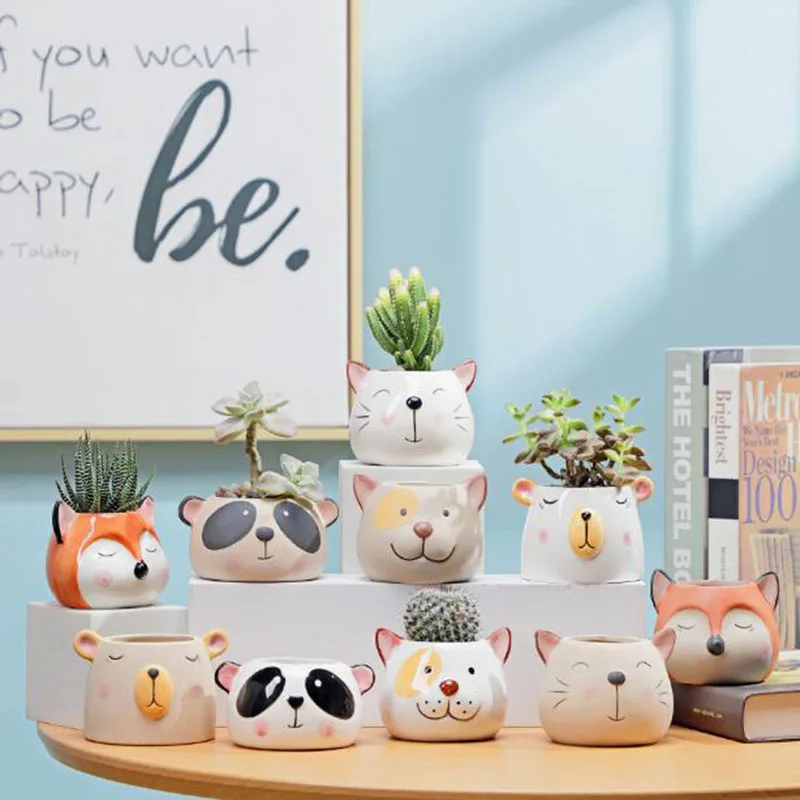 

Cartoon Cute Animal Head Portrait Flowerpot Planter Succulent Plant Pot Breathable Vase Office Desktop Ornaments Home Decor