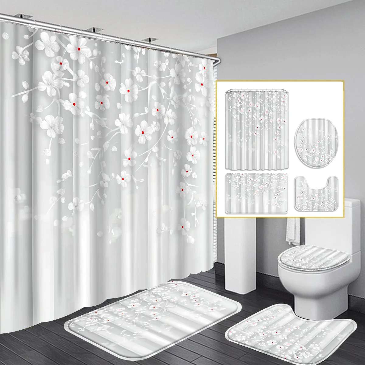 

4pc Transparent floral pattern bathroom set, shower curtain with hooks, non-slip mat, toilet seat cover, non-slip mat