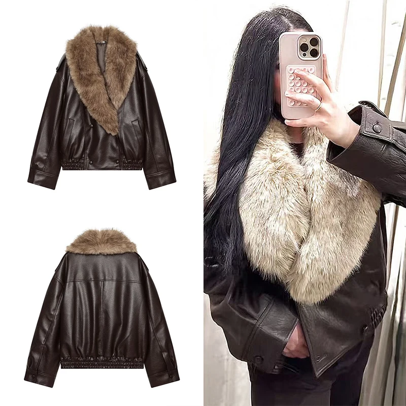 Guobioziy2026 Elegant Women's Autumn and Winter Oversized Plush Turn-Down Collar Faux Leather Jacket Loose Parka for Warm Night