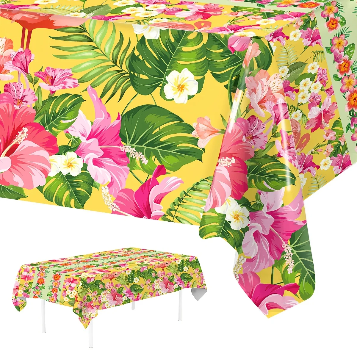 1pc, Tropical Flamingo And Hibiscus Print Disposable Tablecloth, 86.61 X 51.18inch, Hawaiian Luau PE Tablecover, Tablecloth for