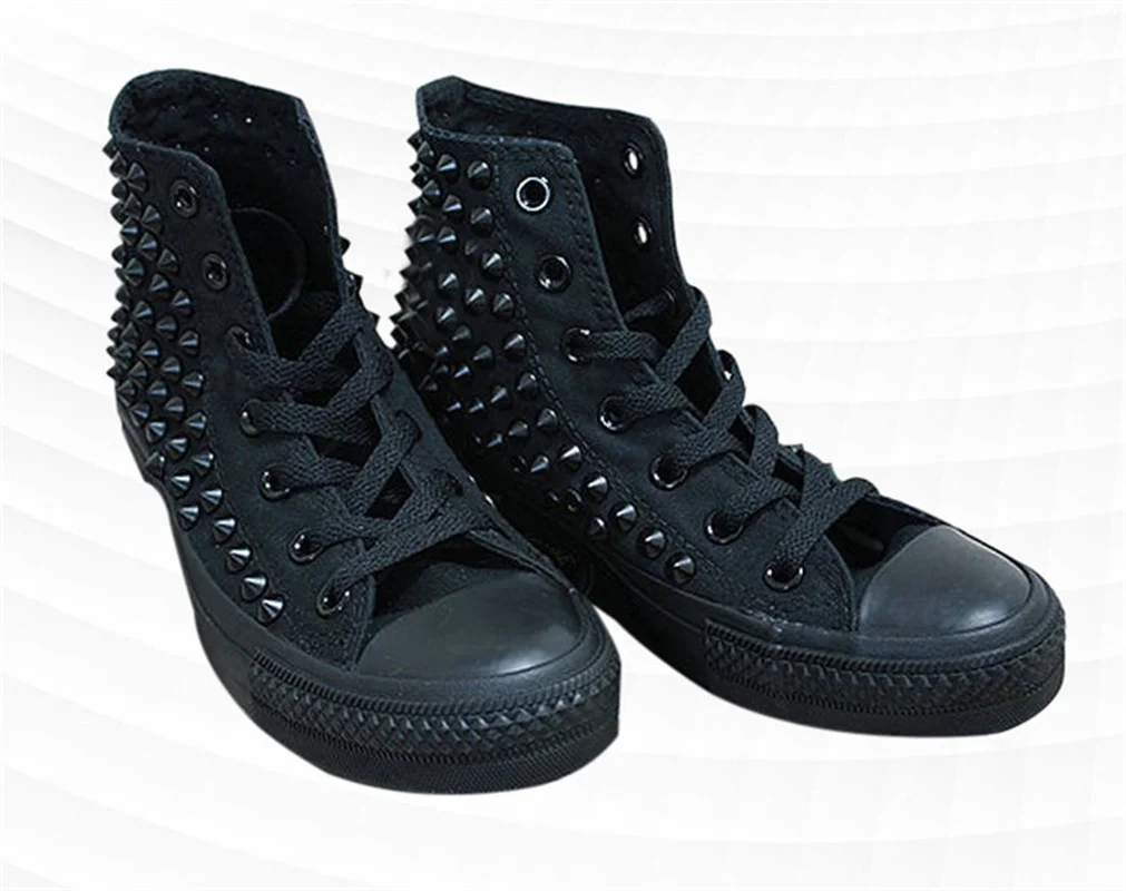 All black high top rivets accessories custom comfortable sports casual walking canvas shoes large size 35-46