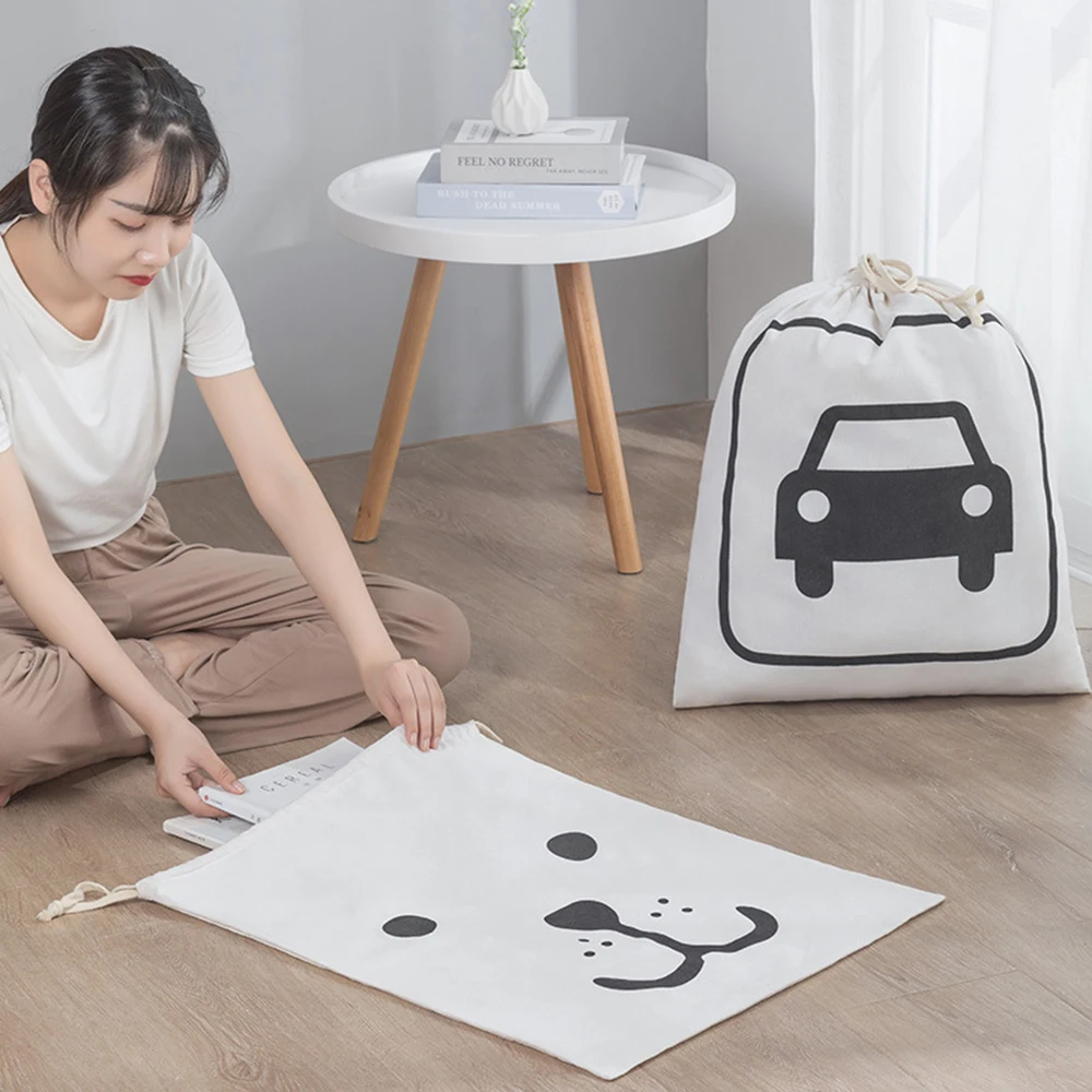 Durable Simple Cartoon Laundry Bag Clothes Storage Bag Cotton and Linen 50x60CM Drawstring Bag Toys Storage Bag Home Supply