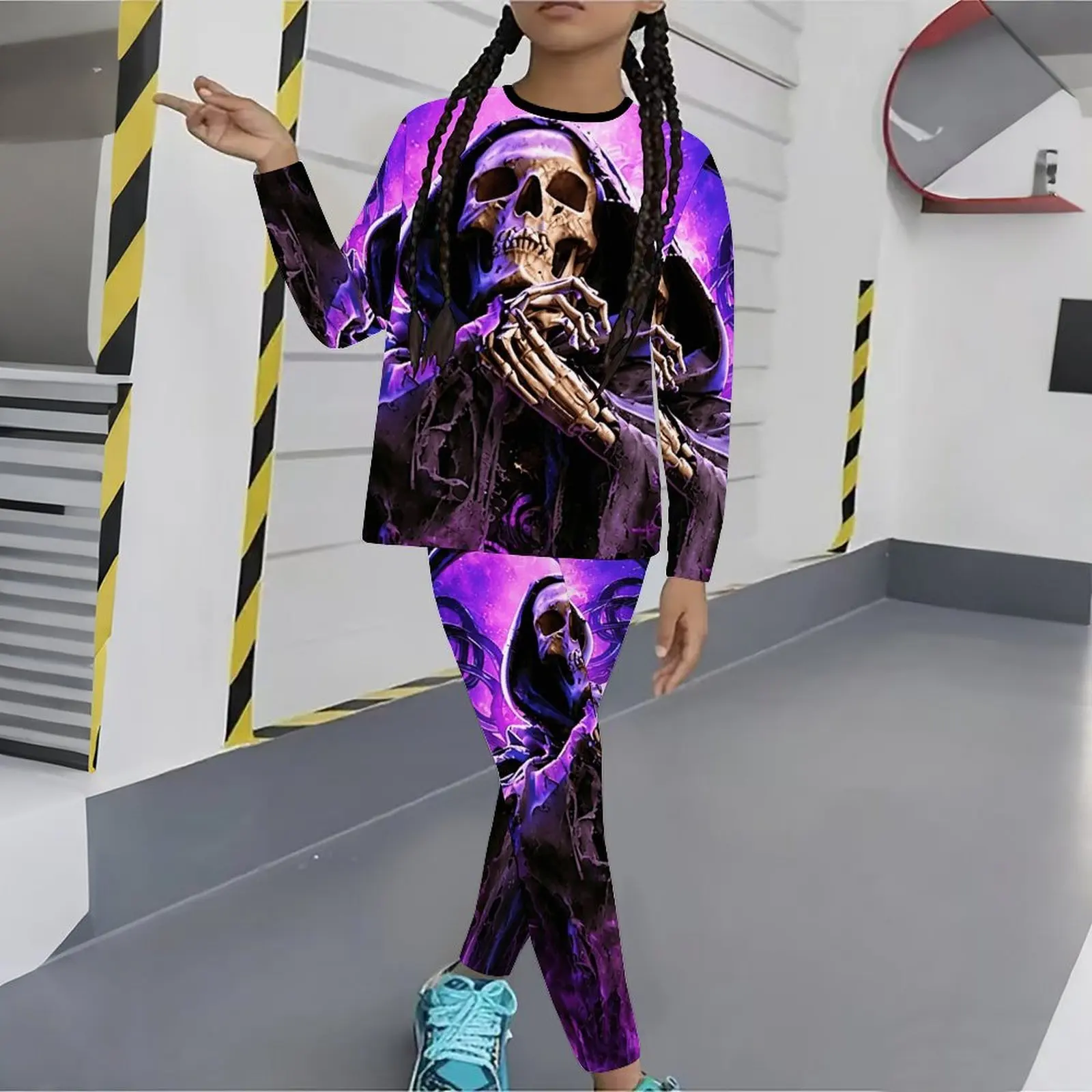 Winter Jogging Pants Girls Print Long Sleeve Round Neck Top Cute Two-Piece Daily Casual T-shirt Autumn Leggings