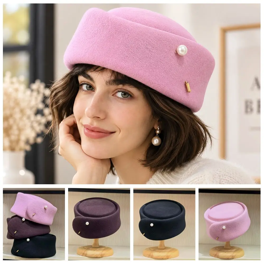 High Quality Wool Wool Beret Hat Elegant Pearl Detail Royal Style Design Fedora Cap Pink Color French Beret Hat Formal Event