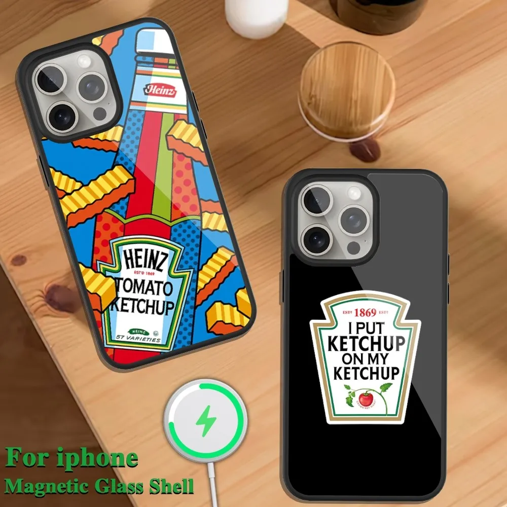 Cute Ins Heinz Tomato Ketchup Mustard Phone Case For iPhone Magsafe Magnetic 13 14 15 11 12 Pro Max Plus Glass Charging Shell