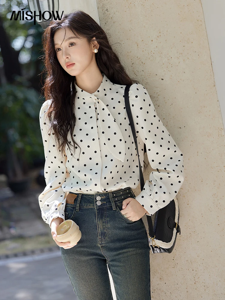 MISHOW Wave Point Long Sleeve Brushed Blouse Rabbit Ear Collar 2024 Winter Women Clothes Temperament Thickened Shirts MXD56X1697