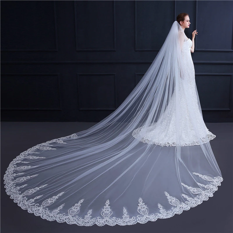 

Real Photos Long Lace Appliques Cathedral Wedding Veil White Ivory 1 Layer Bridal Veil 3.5 Meters Bride Veil Wedding Accessories