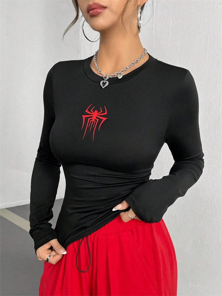 Women Spider Print Round Neck Long Sleeve Tees Tops Autumn Winter Spring Y2K Clothes Slim Fit T-shirt Daily Streetwear Tees